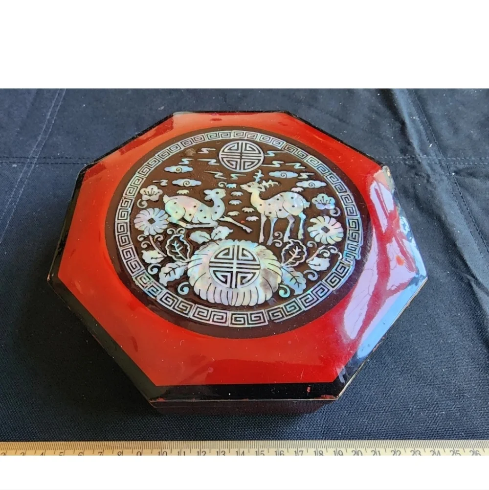Vintage Inlaid Mother of Pearl & Abalone Jewelry Trinket Stash Wood Box #2